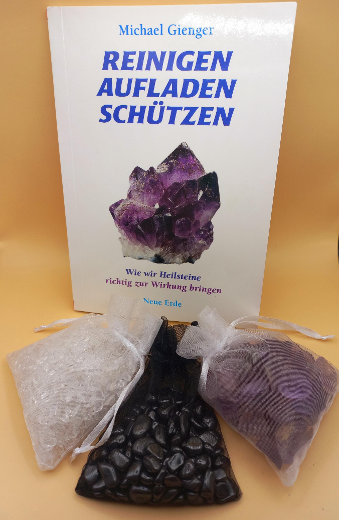 Ladesteine Sets mit Amethyst, Bergkristall und Hämatit + Taschenbuch